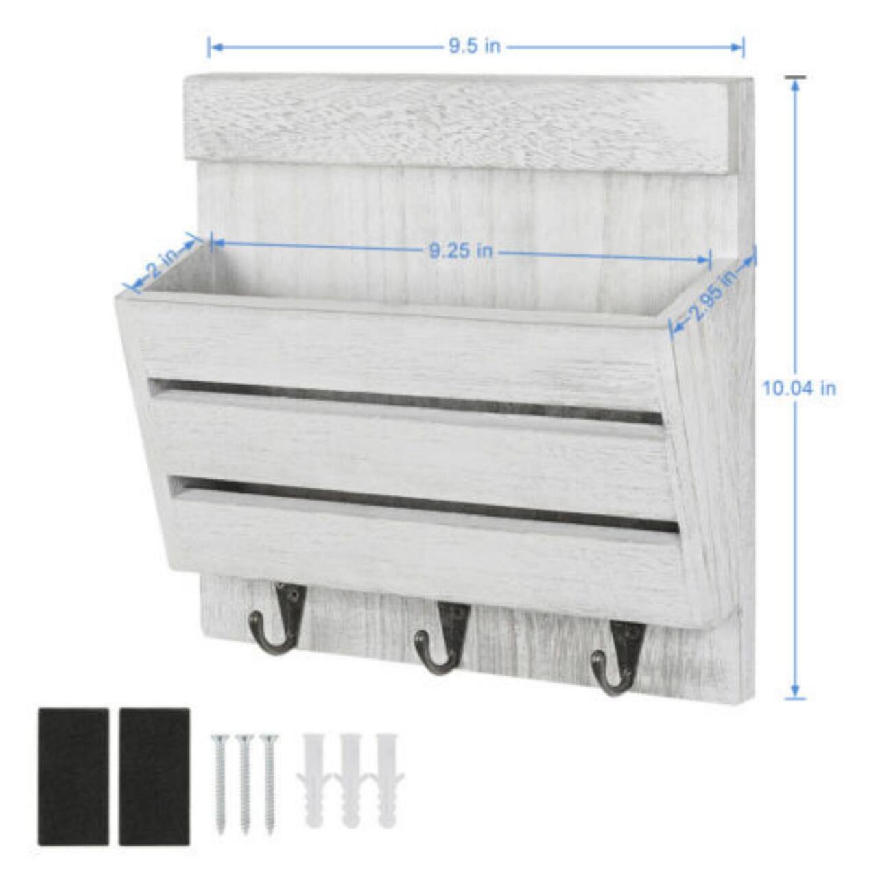 NEX™ 10" Rustic White Gray Wood Wall-Mounted Mail & Key Holder Organizer with 3 Key Hooks